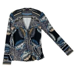 NWOT HALE BOB Blouse S Chains-Rope Leaf Faux Wrap Long Sleeve Lined Stretchy